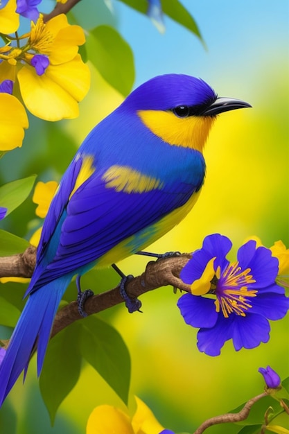 Foto un pájaro majestuoso con una cabeza amarilla besada por el sol y ojos azules celestes posado sobre una rama vibrante de d