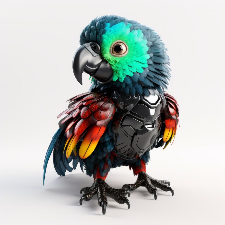 Foto un pájaro metálico de colores una mascota robótica de loro oscuro y incubador