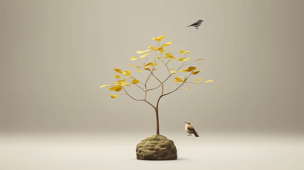 Pájaro minimalista moderno en el árbol y el follaje con color pastel feliz alegre lúdico divertido generativo Ai