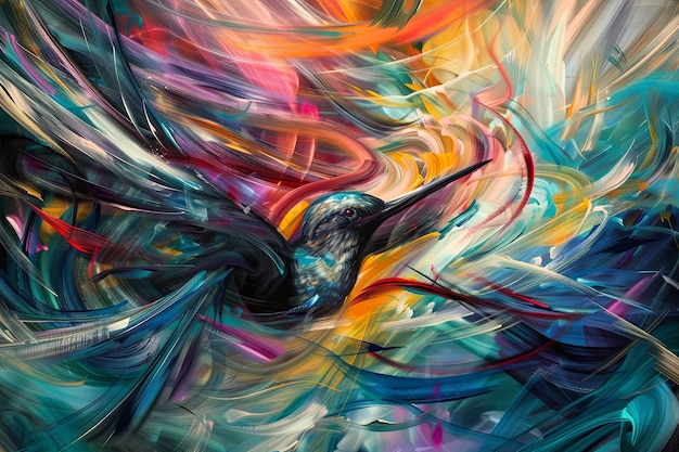 Pájaro en movimiento pintura detallada Sinfonía aviar pinceladas dinámicas colores vibrantes para crear una composición visual que captura la fluidez y la belleza del movimiento aviar
