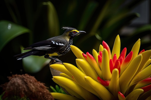 Pájaro negro y amarillo clásico posado en una bromelia floreciente creada con ai generativo