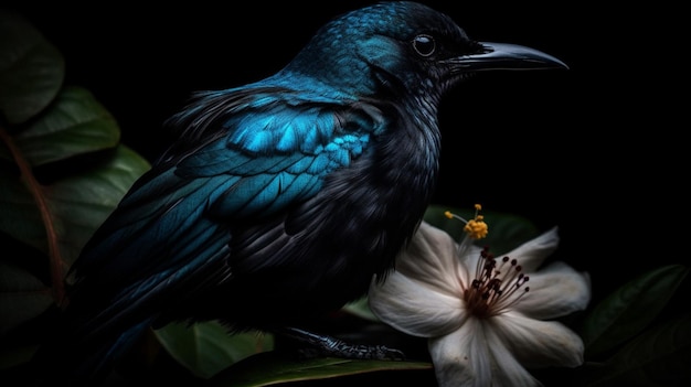 Un pájaro negro y azul con una flor blanca.