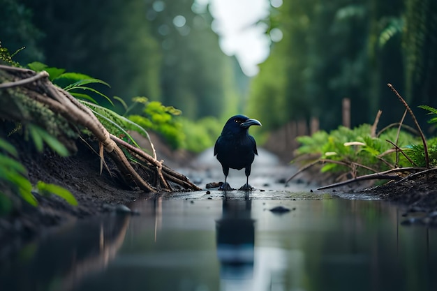 Un pájaro negro se para en un charco con la palabra lluvia.