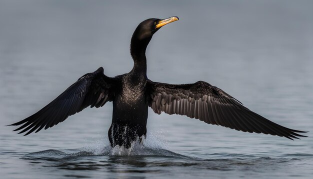 un pájaro negro está en el agua con sus alas extendidas