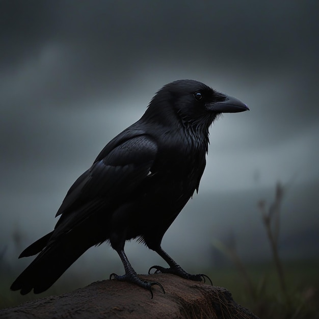 un pájaro negro está sentado en una rama con un cielo oscuro detrás de él