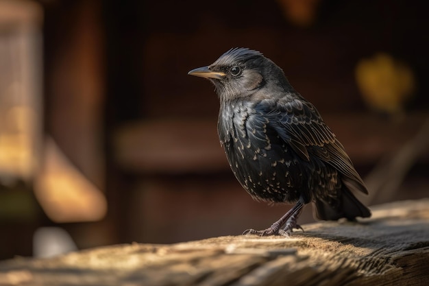 Un pájaro negro hembra se posa en un techo de madera