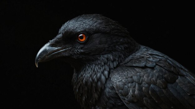 un pájaro negro con ojos rojos y un pico negro