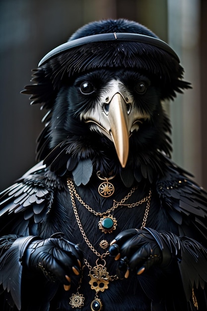un pájaro negro con pico dorado y un collar con un pájaro negro.