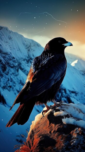 Foto un pájaro negro está de pie en una roca con una montaña en el fondo