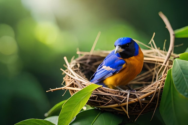 Un pájaro en un nido con un fondo verde.