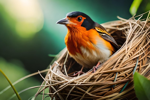 Un pájaro en un nido con un fondo verde.