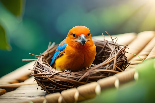 Un pájaro en un nido con un fondo verde.