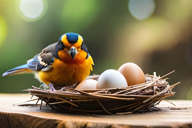 Un pájaro con un nido lleno de huevos.