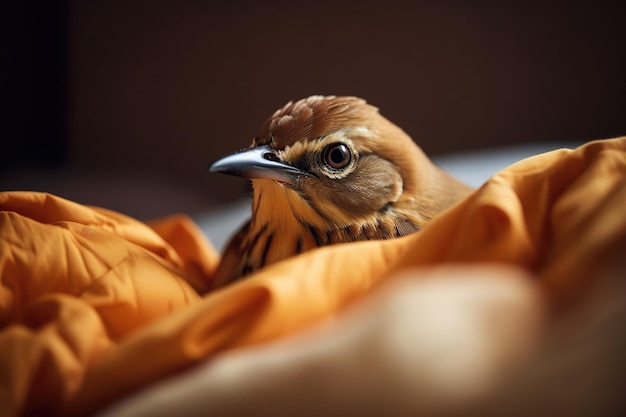 Un pájaro con un ojo azul está sentado sobre una manta.