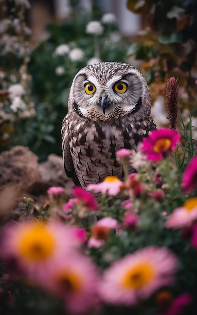 Un pájaro con ojos amarillos se sienta en un jardín de flores.