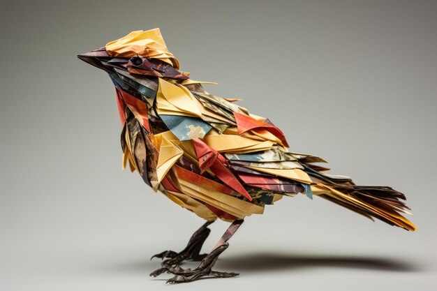 Foto pájaro de origami creado a partir de hojas de otoño sobre un fondo neutro