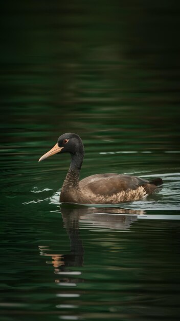 El pájaro oscuro nada con gracia en el agua tranquila creando un paisaje sereno.