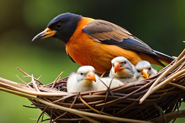 Un pájaro con un pajarito en un nido.