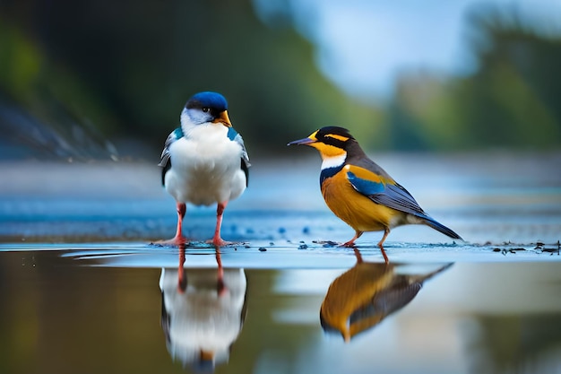 Un pájaro y un pájaro están parados en un charco.