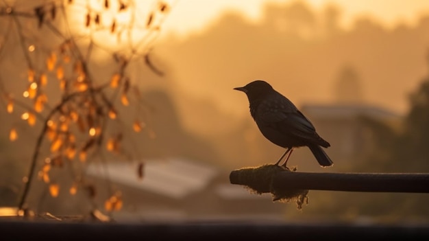 Un pájaro en un palo por la mañana.