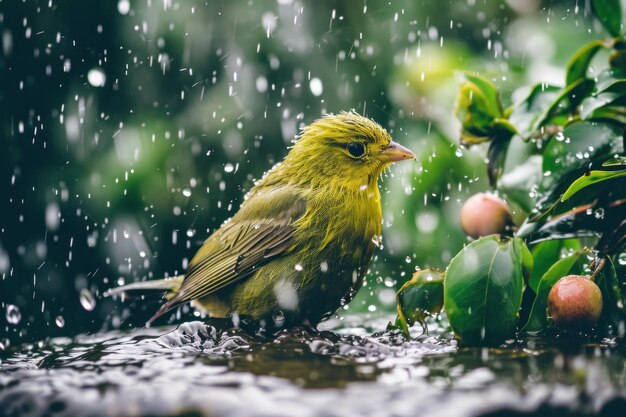 Un pájaro parado bajo la lluvia