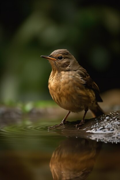 Un pájaro parado sobre una superficie de agua con un fondo verde detrás.