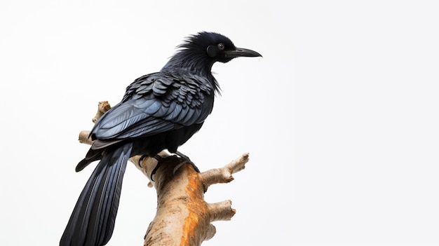 Pájaro paraguas en el tronco con fondo blanco cuervo negro Corvus corone cuervo común AI Generativo