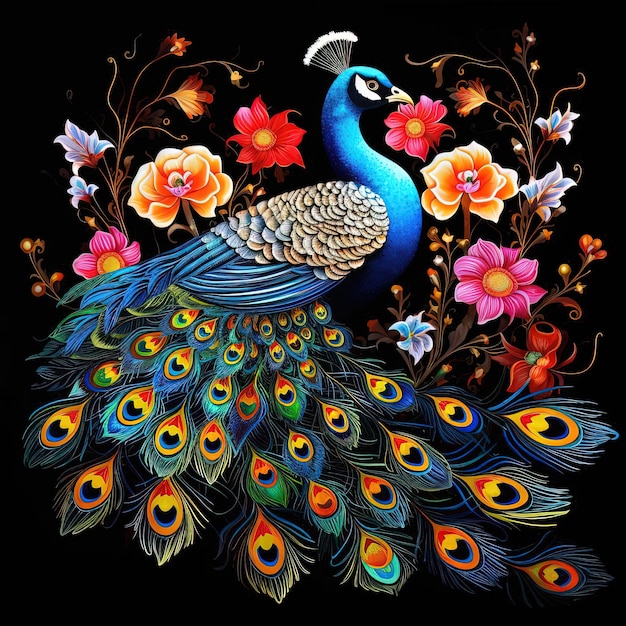 pájaro pavo real de color sobre fondo negro