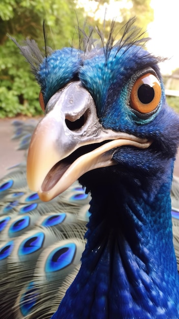 El pájaro pavo real toca la cámara tomando una selfie Retrato selfie gracioso de un animal