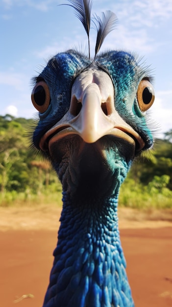 El pájaro pavo real toca la cámara tomando una selfie Retrato selfie gracioso de un animal