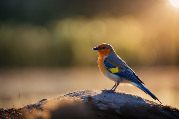 Un pájaro con el pecho azul y amarillo se sienta sobre una roca.