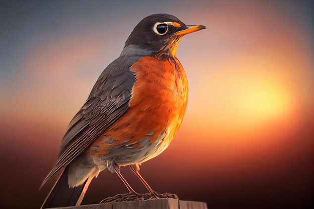 Un pájaro con el pecho rojo y el pecho naranja se sienta en un poste de madera.