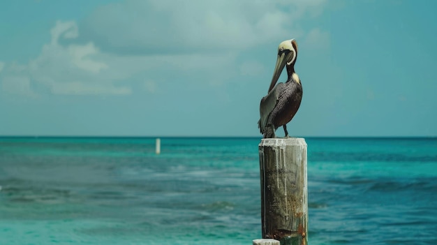 Foto pájaro pelecaniforme con gran pico posado en un poste de madera sobre agua fluida