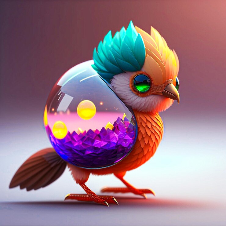 Un pájaro con pelo azul y verde y una cabeza azul está sobre un fondo morado.