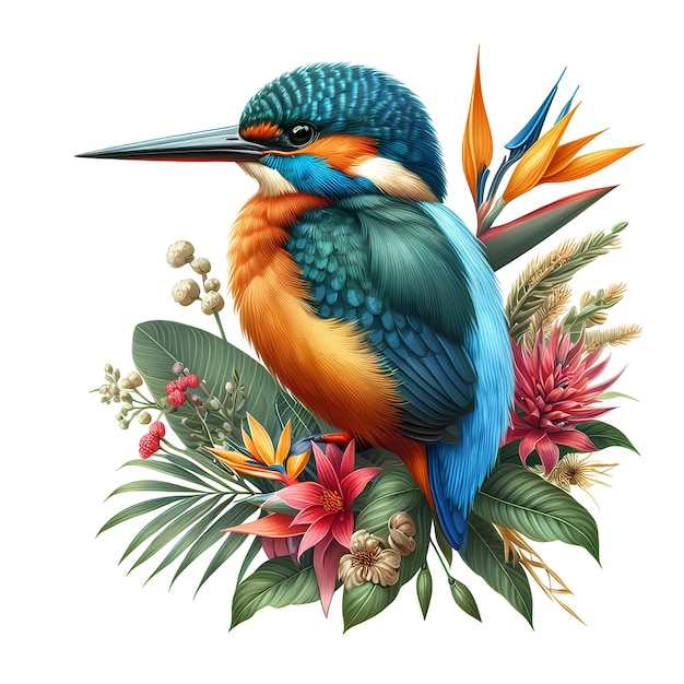 Foto el pájaro pescador con plantas y flores tropicales