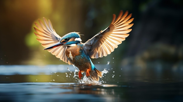 El pájaro pescador del río está cazando sobre el río.