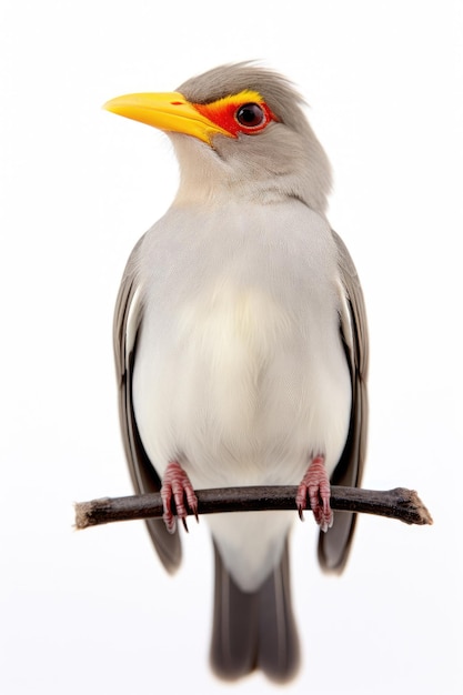 Pájaro picabueyes de pico amarillo sobre fondo blanco