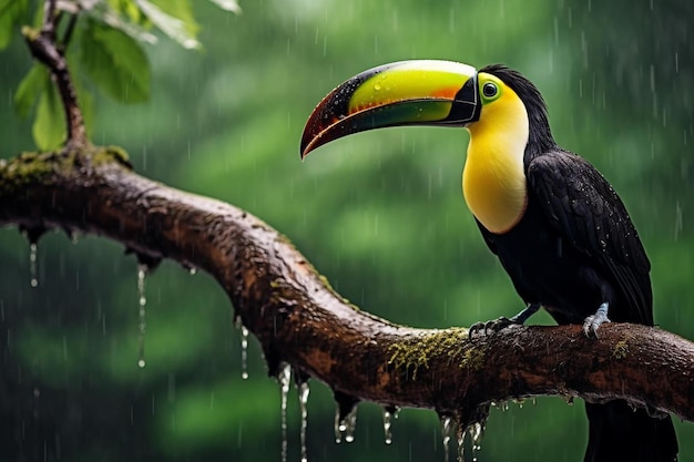 un pájaro con un pico amarillo está posado en una rama con gotas de agua