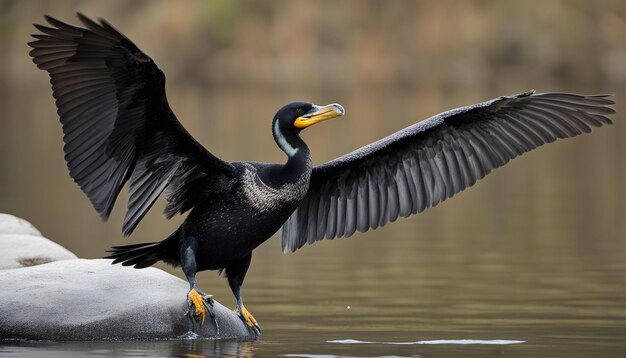 Foto un pájaro con un pico amarillo está de pie en el agua