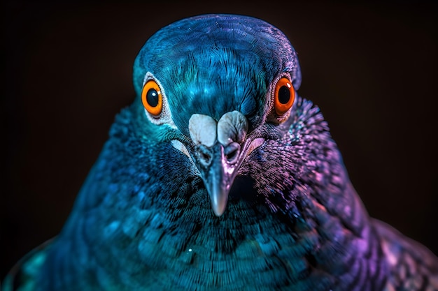 Un pájaro con pico azul y morado y ojos amarillos.