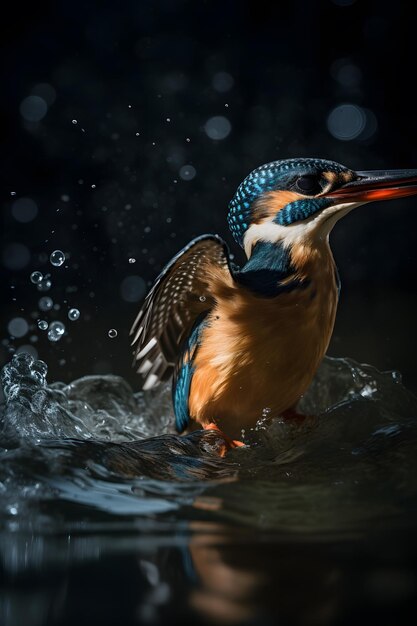 Un pájaro con pico largo y pico naranja está aterrizando en el agua