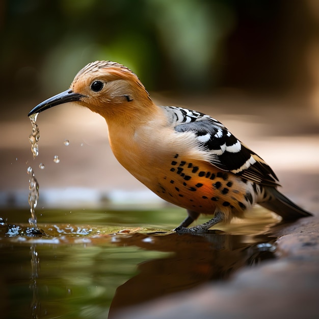 Foto un pájaro con un pico negro está bebiendo agua de una piscina.