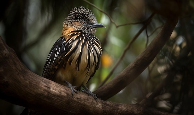 Un pájaro con un pico negro y un ojo rojo está sentado en una rama.