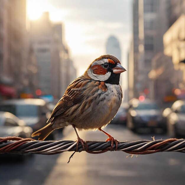 Foto pájaro de pie en un delgado cable eléctrico alto en una calle concurrida y debajo de una vista superior de un ocupado y color