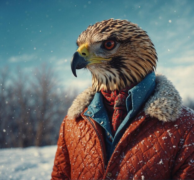 Foto un pájaro está de pie en la nieve con una chaqueta en él