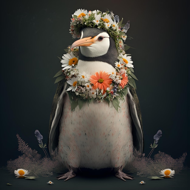 pájaro pingüino con flora floral floreciente corona de flores