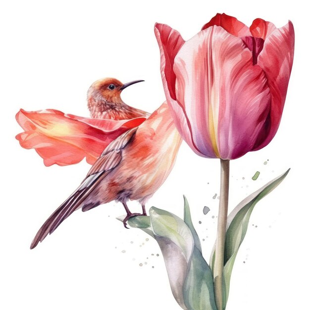 Pájaro en una pintura de acuarela de tulipán