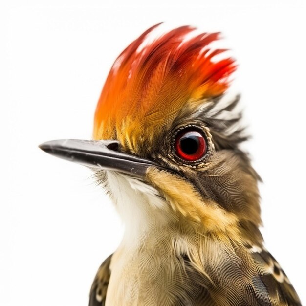 Un pájaro con plumas rojas y amarillas y un fondo blanco.