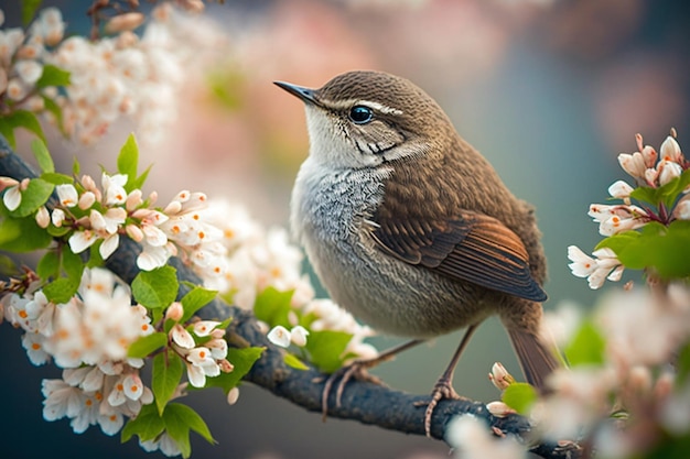 Un pájaro se posa en una rama de un árbol con flores al fondo.