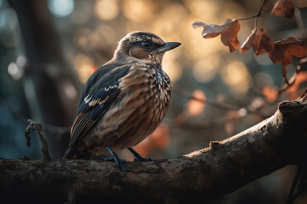 Un pájaro se posa en una rama de un árbol con una hoja en primer plano.